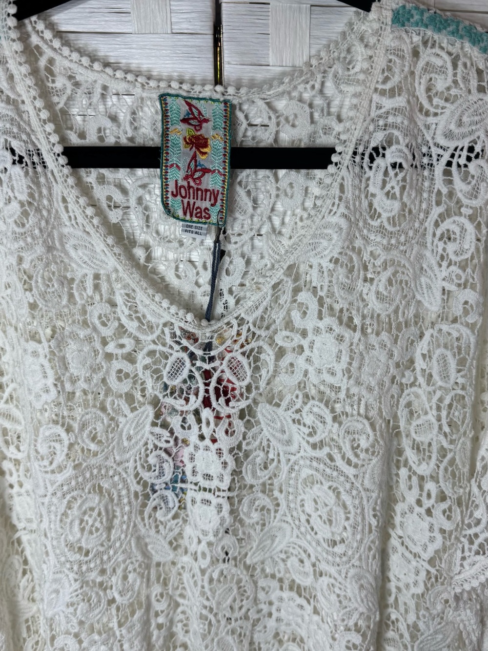 Johnny Was Bohemian Lace Poncho Top Floral Crochet Cream/Ivory Scalloped Hem OS - Picture 5 of 13